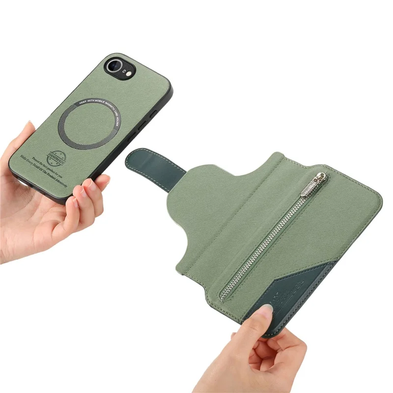 Magnetic Case For iPhone 17e  /  16e RFID Blocking   Detachable Wallet Stand Cloth Texture Leather Phone Cover - Green