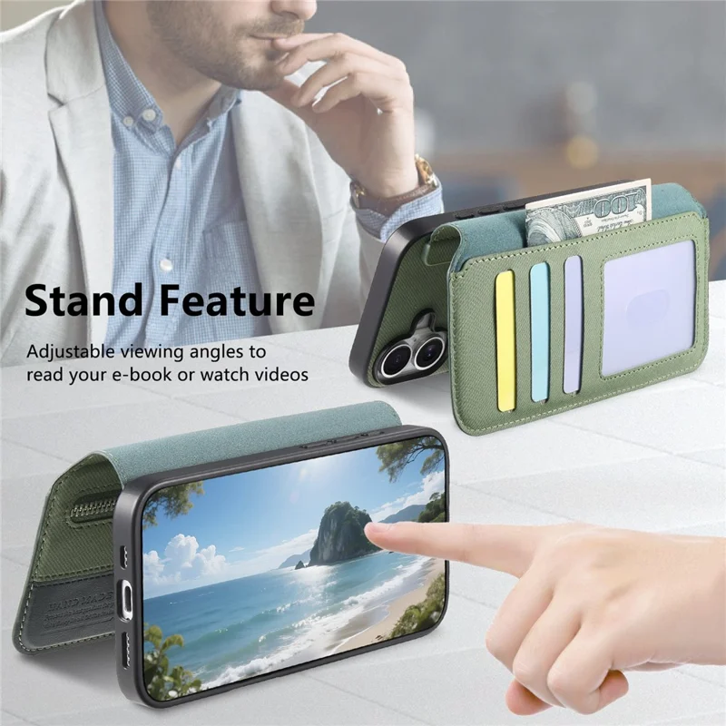 Magnetic Case For iPhone 17e  /  16e RFID Blocking   Detachable Wallet Stand Cloth Texture Leather Phone Cover - Green