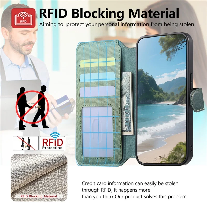 Magnetic Case For iPhone 17e  /  16e RFID Blocking   Detachable Wallet Stand Cloth Texture Leather Phone Cover - Green