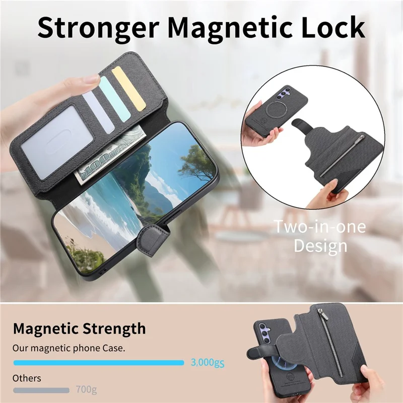 For Samsung Galaxy S26 Magnetic Case RFID Blocking   Detachable Wallet Stand Cloth Texture Leather Phone Cover - Black