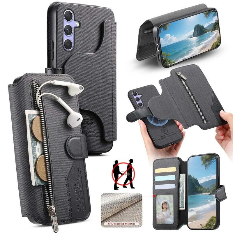 For Samsung Galaxy S25 Magnetic Case RFID Blocking   Detachable Wallet Stand Cloth Texture Leather Phone Cover -Black