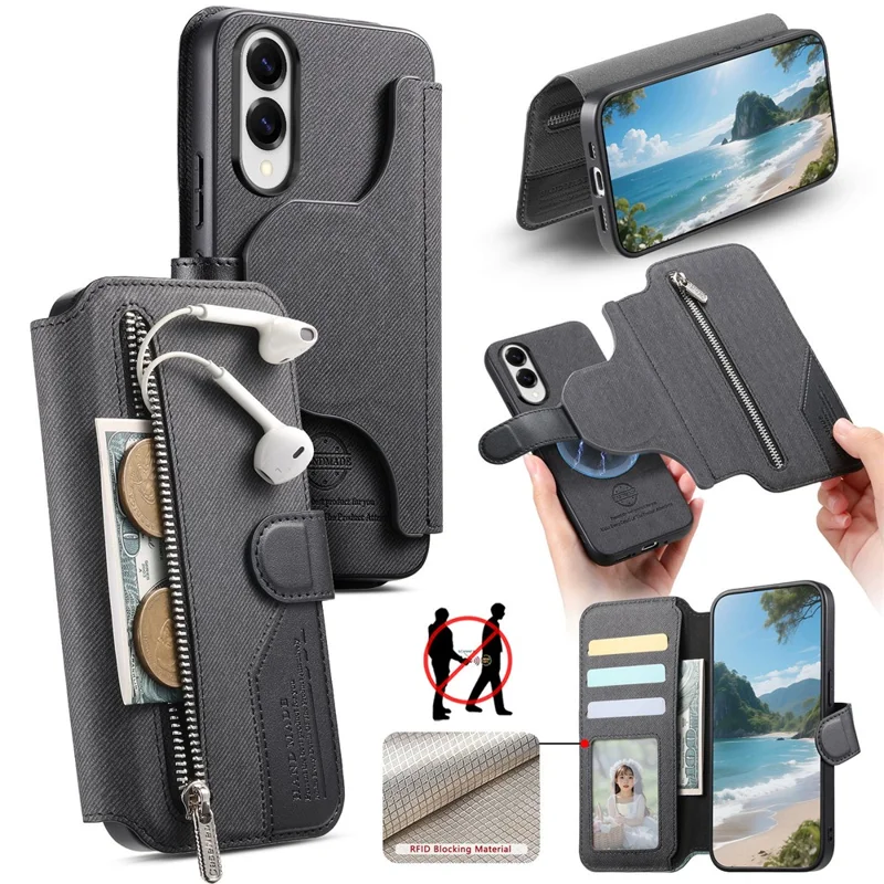 For Samsung Galaxy S25 Magnetic Case RFID Blocking Detachable Wallet Stand Cloth Texture Leather Phone Cover - Black