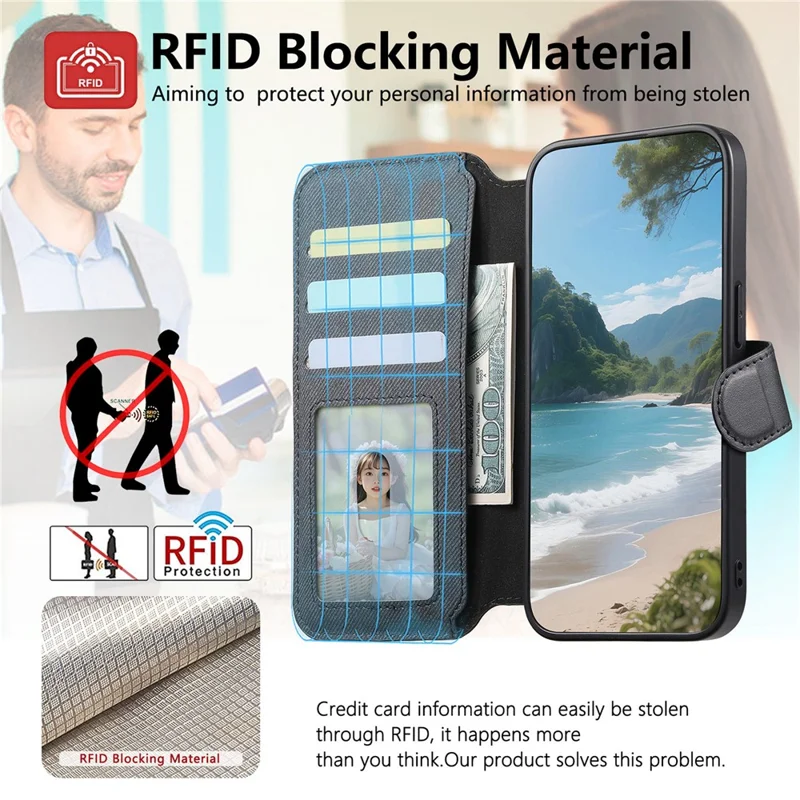 For Samsung Galaxy A37 5G Magnetic Case RFID Blocking Detachable Wallet Stand Cloth Texture Leather Phone Cover - Black