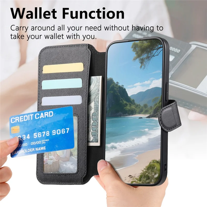 For Samsung Galaxy A57 5G Magnetic Case RFID Blocking Detachable Wallet Stand Cloth Texture Leather Phone Cover - Black
