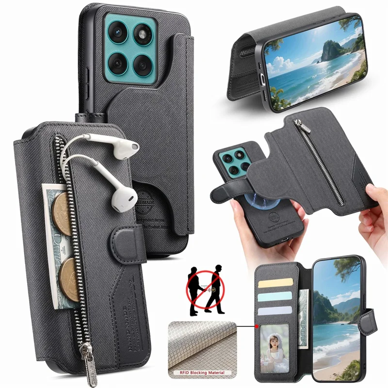 Magnetic Case For Motorola Edge 60 5G  /  60s 5G RFID Blocking Detachable Wallet Stand Cloth Texture Leather Phone Cover - Black