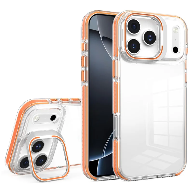 Coque pour iPhone 17 Pro Max avec cadre d'objectif, support intégré, transparente en PC + TPU - Orange, vente en gros