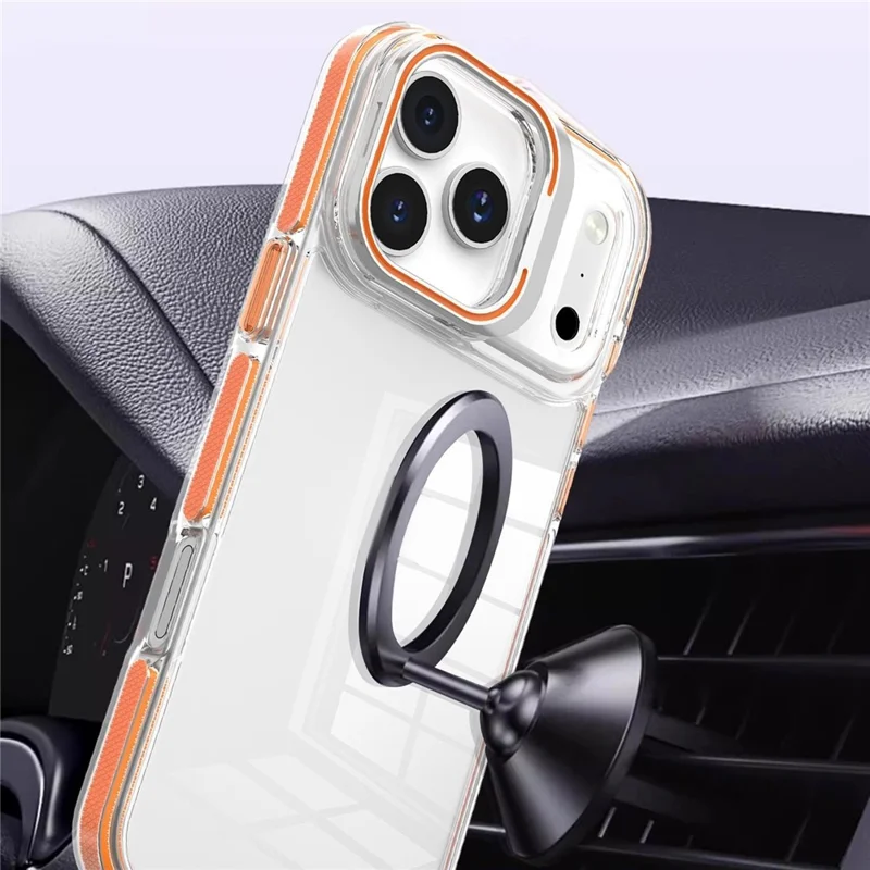 Coque pour iPhone 17 Pro Max avec cadre d'objectif, support intégré, transparente en PC + TPU - Orange, vente en gros