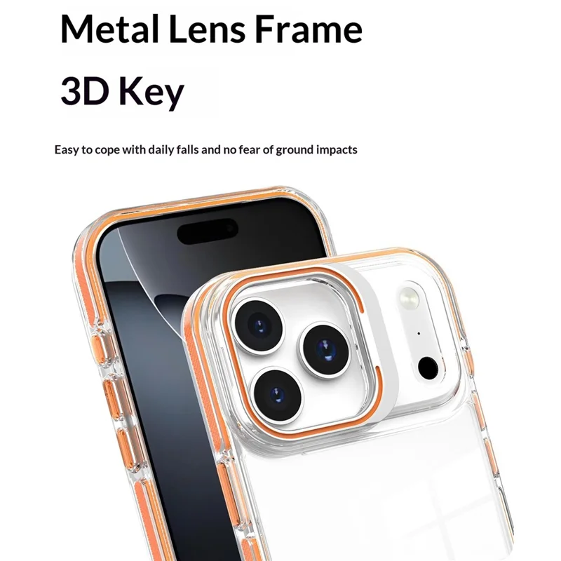 Coque pour iPhone 17 Pro Max avec cadre d'objectif, support intégré, transparente en PC + TPU - Orange, vente en gros