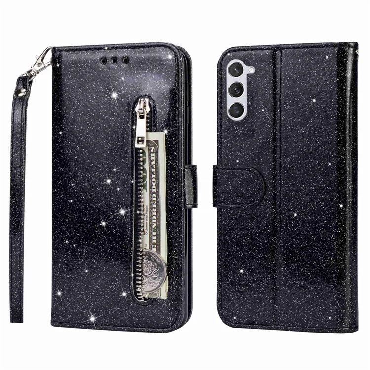 For Samsung Galaxy S23 Zipper Pocket Glittery PU Leather Anti-drop Phone Case Flip Wallet Stand Full Protection Phone Cover - Black