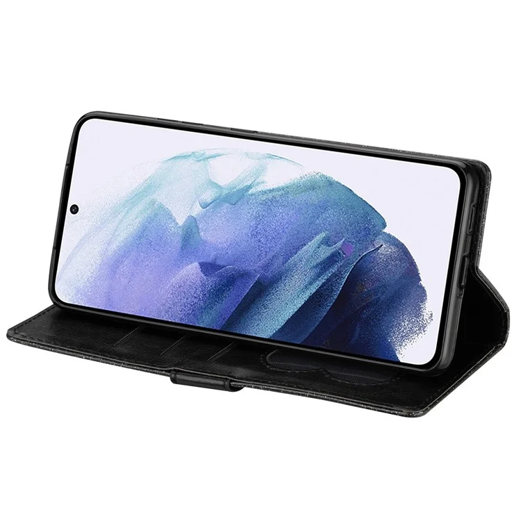 For Samsung Galaxy S23 Zipper Pocket Glittery PU Leather Anti-drop Phone Case Flip Wallet Stand Full Protection Phone Cover - Black