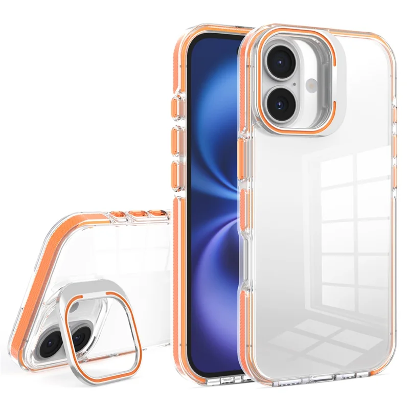 Coque transparente pour iPhone 17 avec cadre d'objectif, support intégré, PC + TPU - Orange, vente en gros