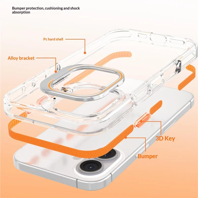 Coque transparente pour iPhone 17 avec cadre d'objectif, support intégré, PC + TPU - Orange, vente en gros