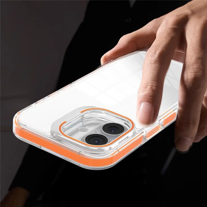 Coque transparente pour iPhone 17 avec cadre d'objectif, support intégré, PC + TPU - Orange, vente en gros