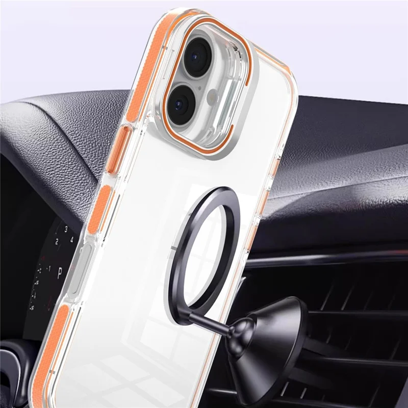 Coque transparente pour iPhone 17 avec cadre d'objectif, support intégré, PC + TPU - Orange, vente en gros
