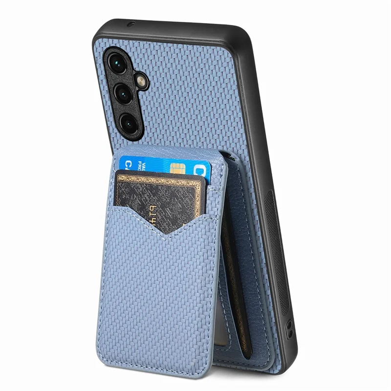 Funda magnética para Samsung Galaxy A16 4G / 5G, carcasa trasera con textura de fibra de carbono con soporte para tarjetas desmontable - Azul