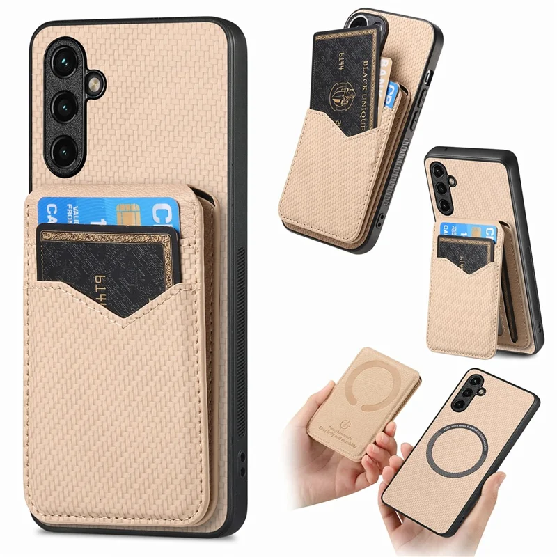 For Samsung Galaxy A16 4G  /  5G Magnetic Case Carbon Fiber Texture Back Cover with Detachable Card Holder - Khaki