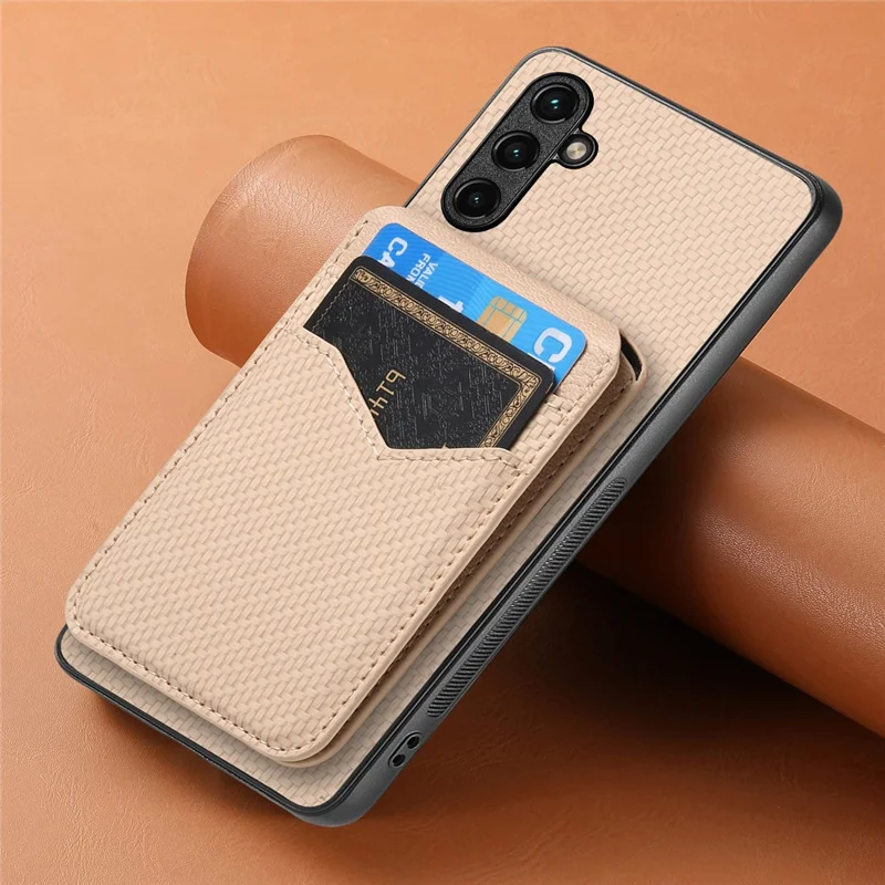 For Samsung Galaxy A16 4G  /  5G Magnetic Case Carbon Fiber Texture Back Cover with Detachable Card Holder - Khaki