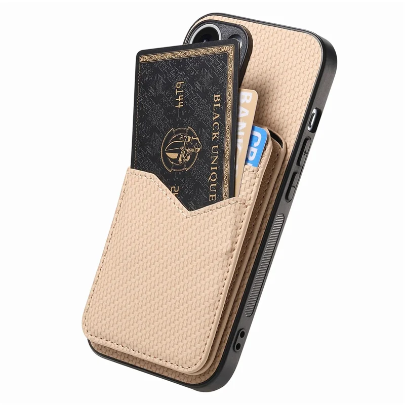 For Samsung Galaxy A16 4G  /  5G Magnetic Case Carbon Fiber Texture Back Cover with Detachable Card Holder - Khaki
