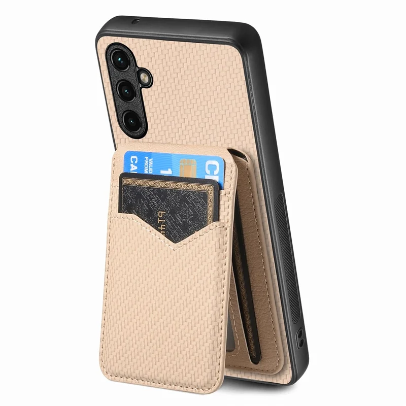 For Samsung Galaxy A16 4G  /  5G Magnetic Case Carbon Fiber Texture Back Cover with Detachable Card Holder - Khaki