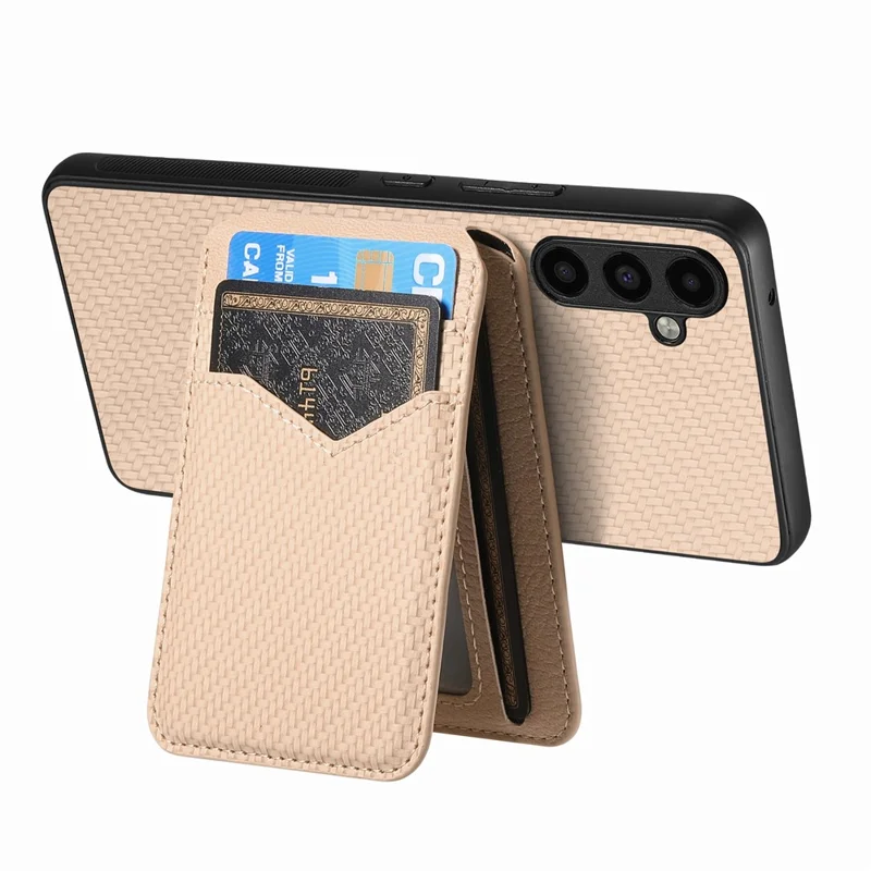 For Samsung Galaxy A16 4G  /  5G Magnetic Case Carbon Fiber Texture Back Cover with Detachable Card Holder - Khaki