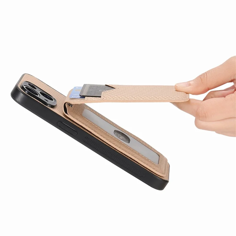 For Samsung Galaxy A16 4G  /  5G Magnetic Case Carbon Fiber Texture Back Cover with Detachable Card Holder - Khaki