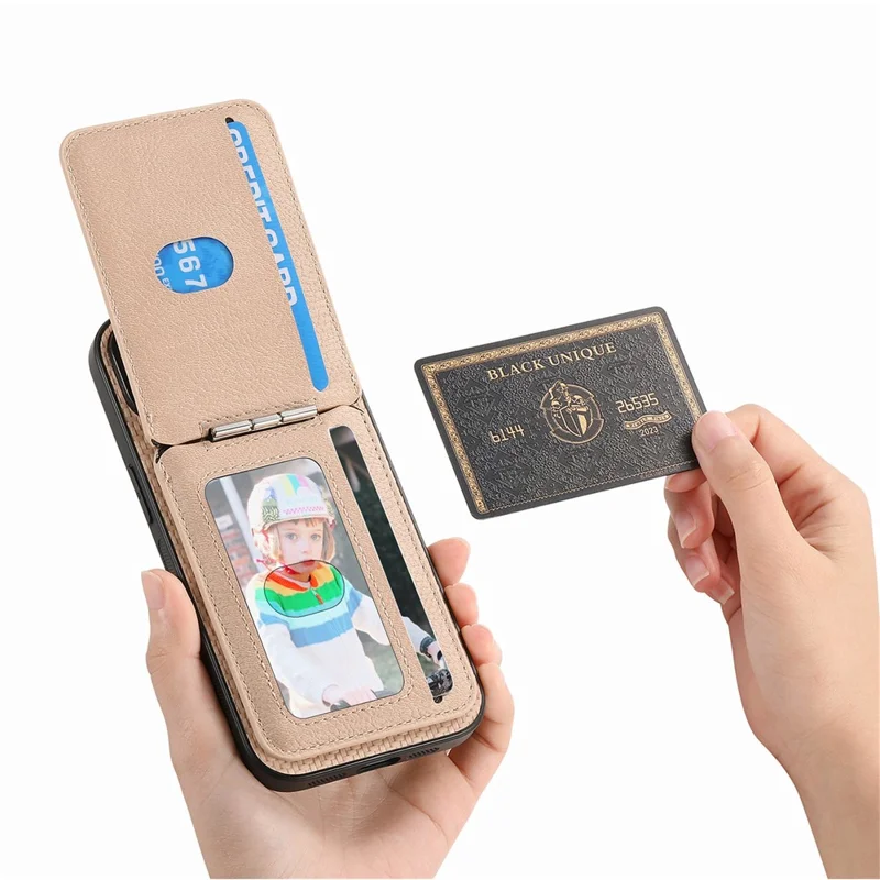 For Samsung Galaxy A16 4G  /  5G Magnetic Case Carbon Fiber Texture Back Cover with Detachable Card Holder - Khaki