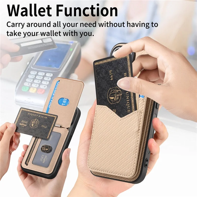 For Samsung Galaxy A16 4G  /  5G Magnetic Case Carbon Fiber Texture Back Cover with Detachable Card Holder - Khaki