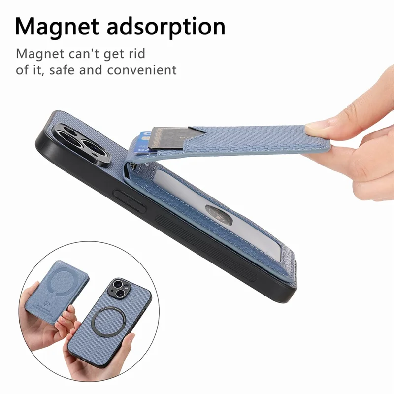 For Samsung Galaxy A36 5G Magnetic Case Carbon Fiber Texture Back Cover with Detachable Card Holder - Blue