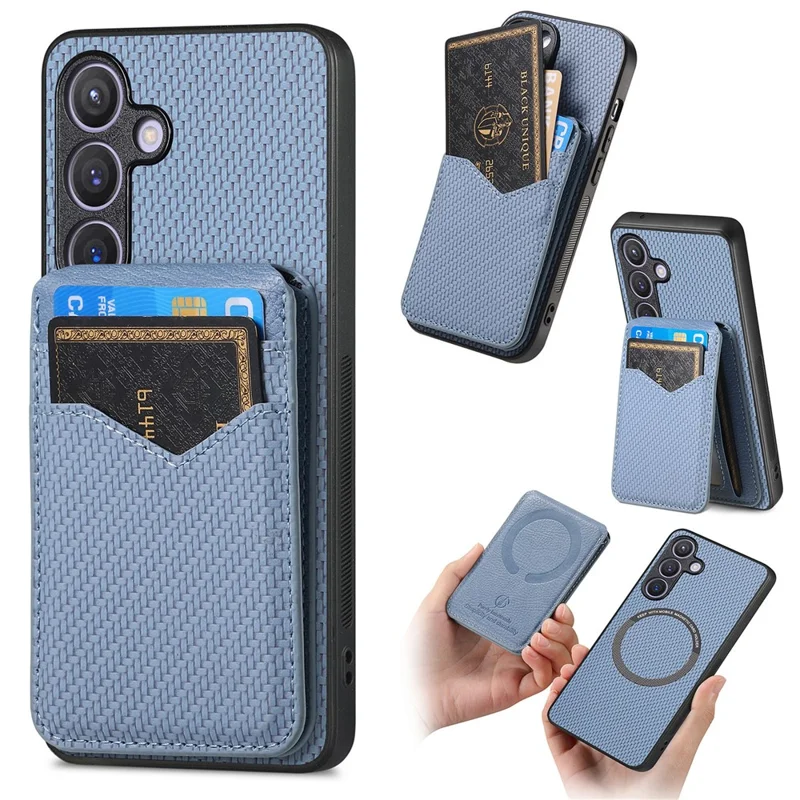 For Samsung Galaxy S25 Magnetic Case Carbon Fiber Texture Back Cover with Detachable Card Holder - Blue
