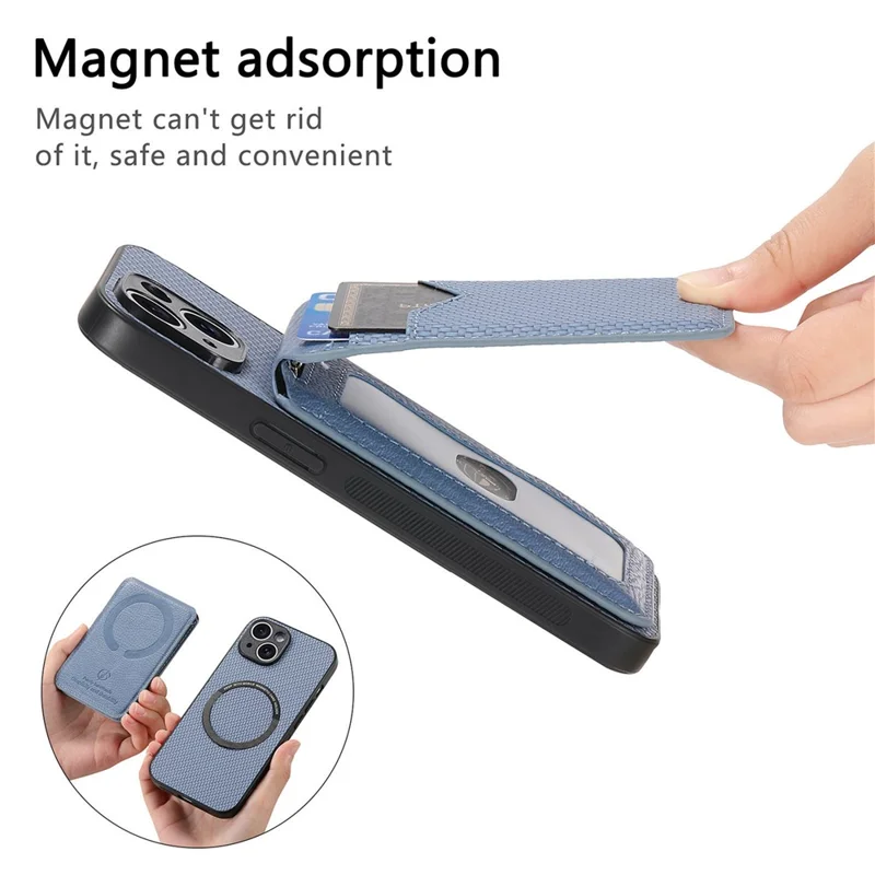 For Samsung Galaxy S25 Magnetic Case Carbon Fiber Texture Back Cover with Detachable Card Holder - Blue