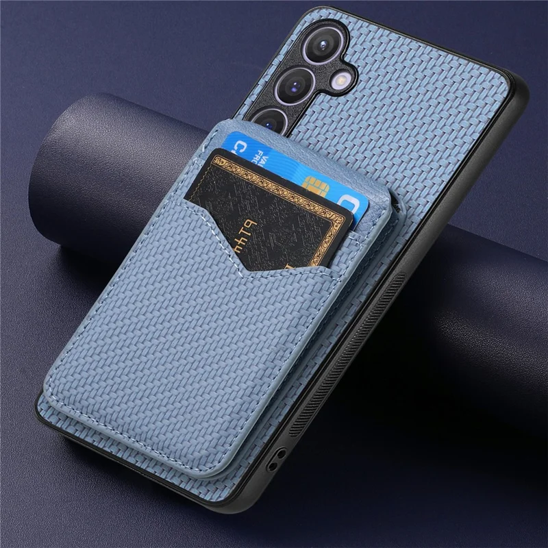 For Samsung Galaxy S25 Magnetic Case Carbon Fiber Texture Back Cover with Detachable Card Holder - Blue