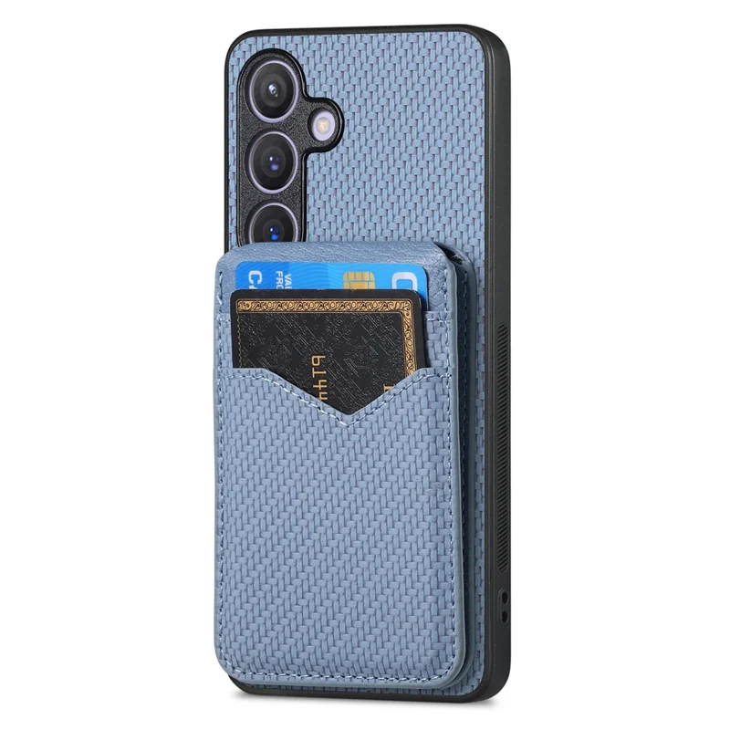 For Samsung Galaxy S25 Magnetic Case Carbon Fiber Texture Back Cover with Detachable Card Holder - Blue