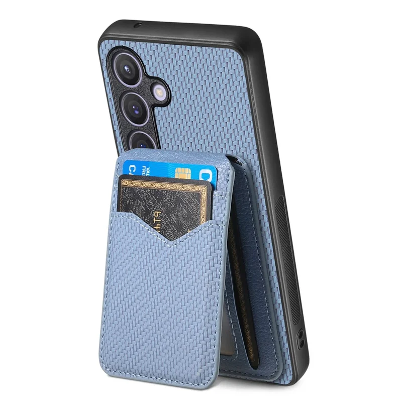 For Samsung Galaxy S25 Magnetic Case Carbon Fiber Texture Back Cover with Detachable Card Holder - Blue