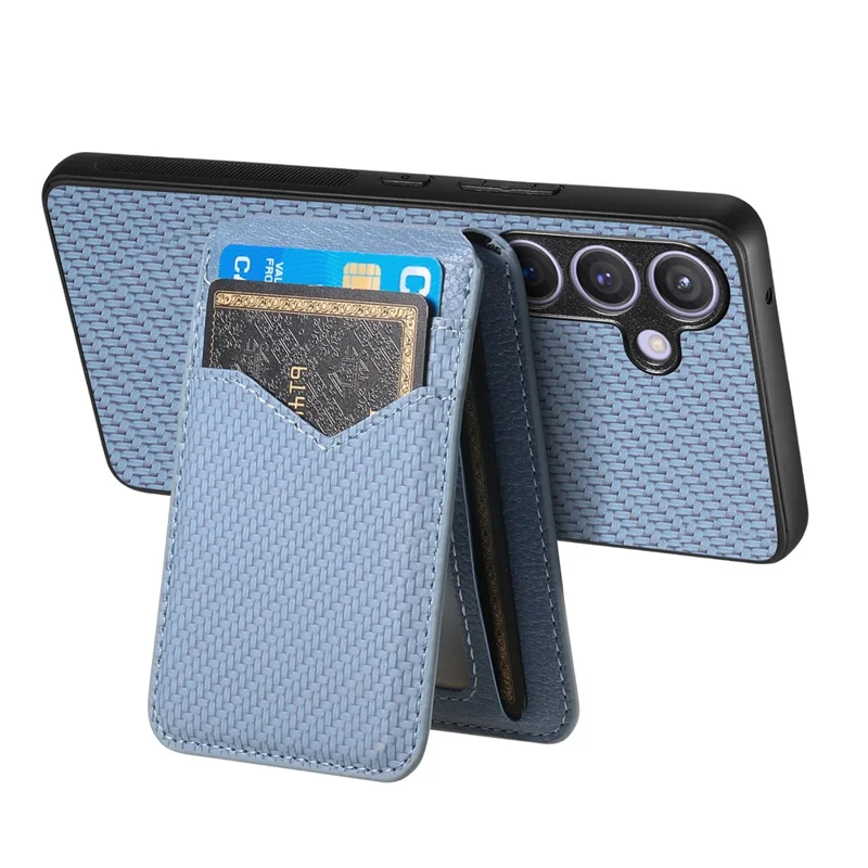 For Samsung Galaxy S25 Magnetic Case Carbon Fiber Texture Back Cover with Detachable Card Holder - Blue