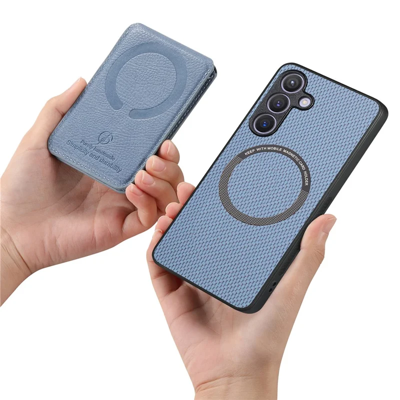 For Samsung Galaxy S25 Magnetic Case Carbon Fiber Texture Back Cover with Detachable Card Holder - Blue