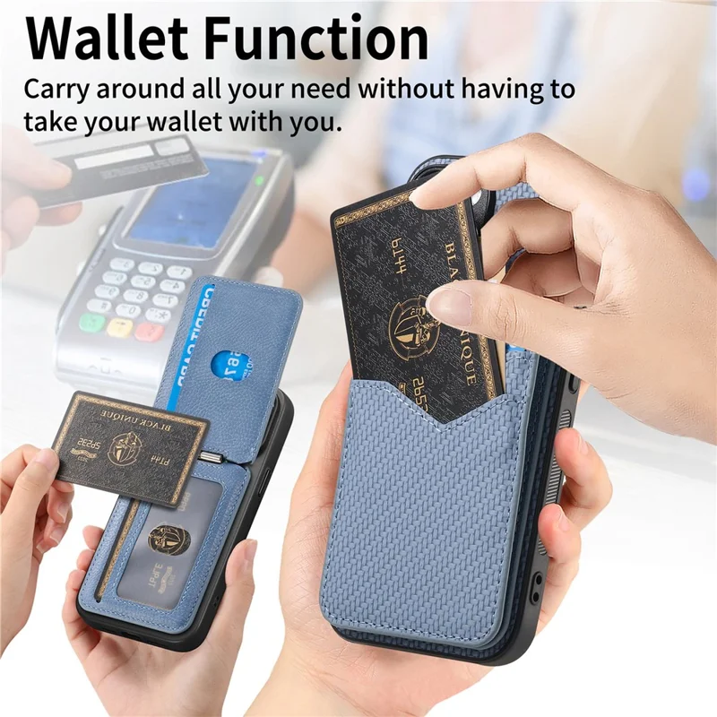 For Samsung Galaxy S25 Magnetic Case Carbon Fiber Texture Back Cover with Detachable Card Holder - Blue
