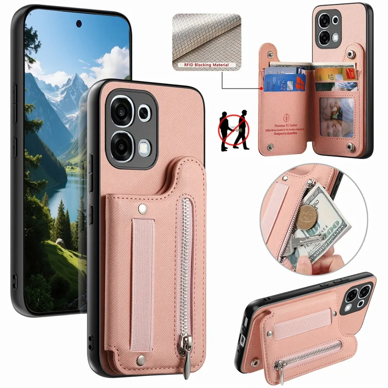 For OPPO A6 5G Case RFID Blocking Card Holder Jeans Cloth Texture Leather Back Cover with Elastic Wristband   - Pink