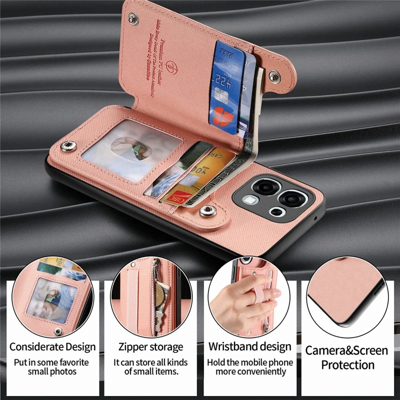 For OPPO A6 5G Case RFID Blocking Card Holder Jeans Cloth Texture Leather Back Cover with Elastic Wristband   - Pink