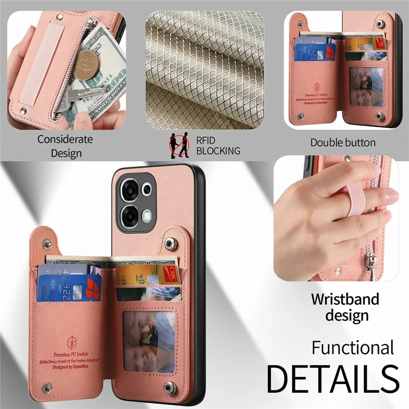 For OPPO A6 5G Case RFID Blocking Card Holder Jeans Cloth Texture Leather Back Cover with Elastic Wristband   - Pink