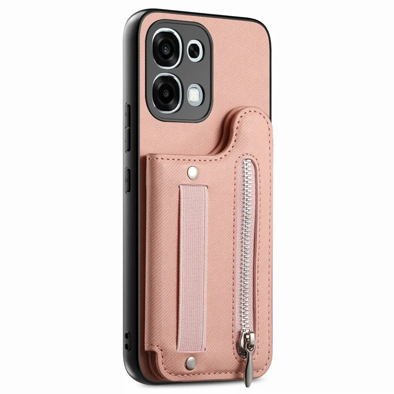 For OPPO A6 5G Case RFID Blocking Card Holder Jeans Cloth Texture Leather Back Cover with Elastic Wristband   - Pink