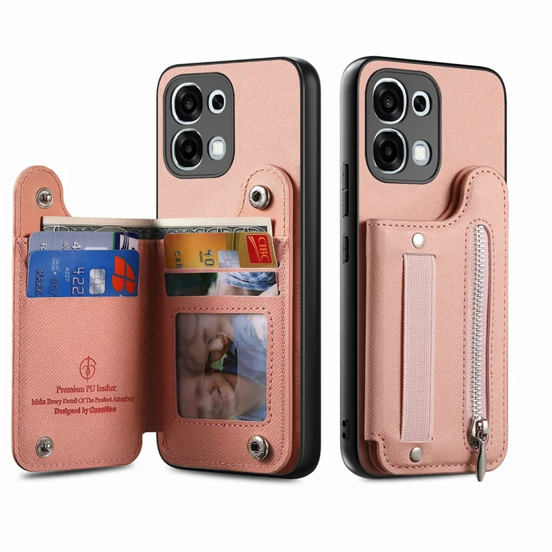 For OPPO A6 5G Case RFID Blocking Card Holder Jeans Cloth Texture Leather Back Cover with Elastic Wristband   - Pink