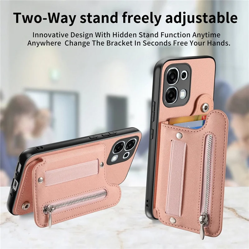 For OPPO A6 5G Case RFID Blocking Card Holder Jeans Cloth Texture Leather Back Cover with Elastic Wristband   - Pink