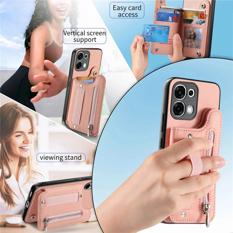 For OPPO A6 5G Case RFID Blocking Card Holder Jeans Cloth Texture Leather Back Cover with Elastic Wristband   - Pink