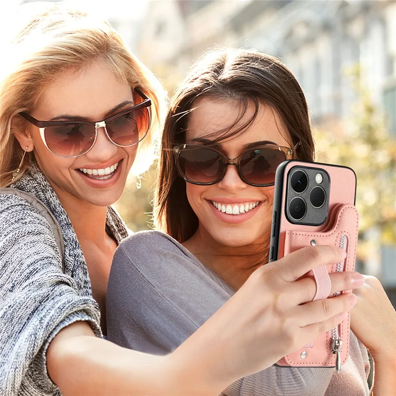 For Realme 15T 5G Case RFID Blocking Card Holder Jeans Cloth Texture Leather Back Cover with Elastic Wristband - Pink