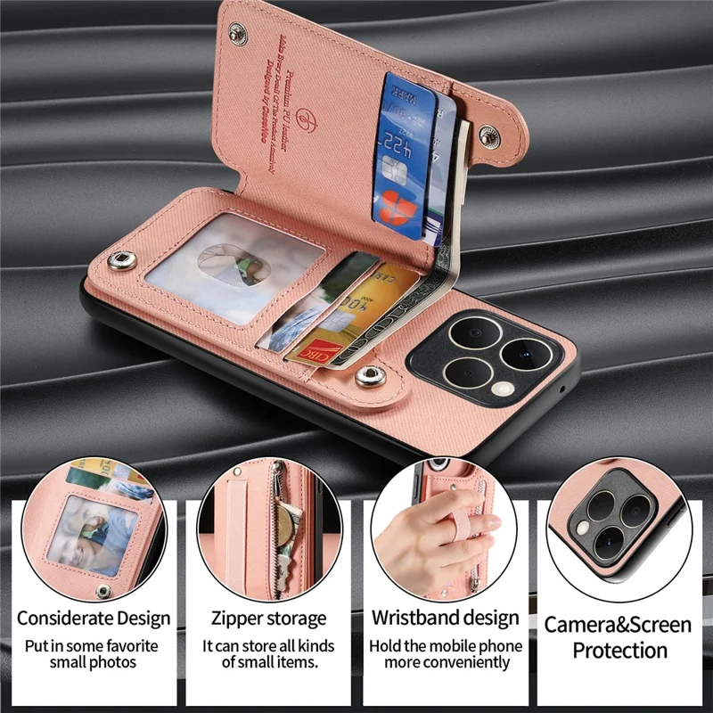 For Realme 15T 5G Case RFID Blocking Card Holder Jeans Cloth Texture Leather Back Cover with Elastic Wristband - Pink