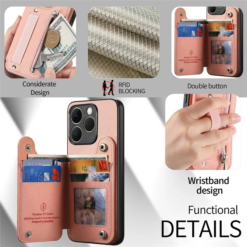 For Realme 15T 5G Case RFID Blocking Card Holder Jeans Cloth Texture Leather Back Cover with Elastic Wristband - Pink