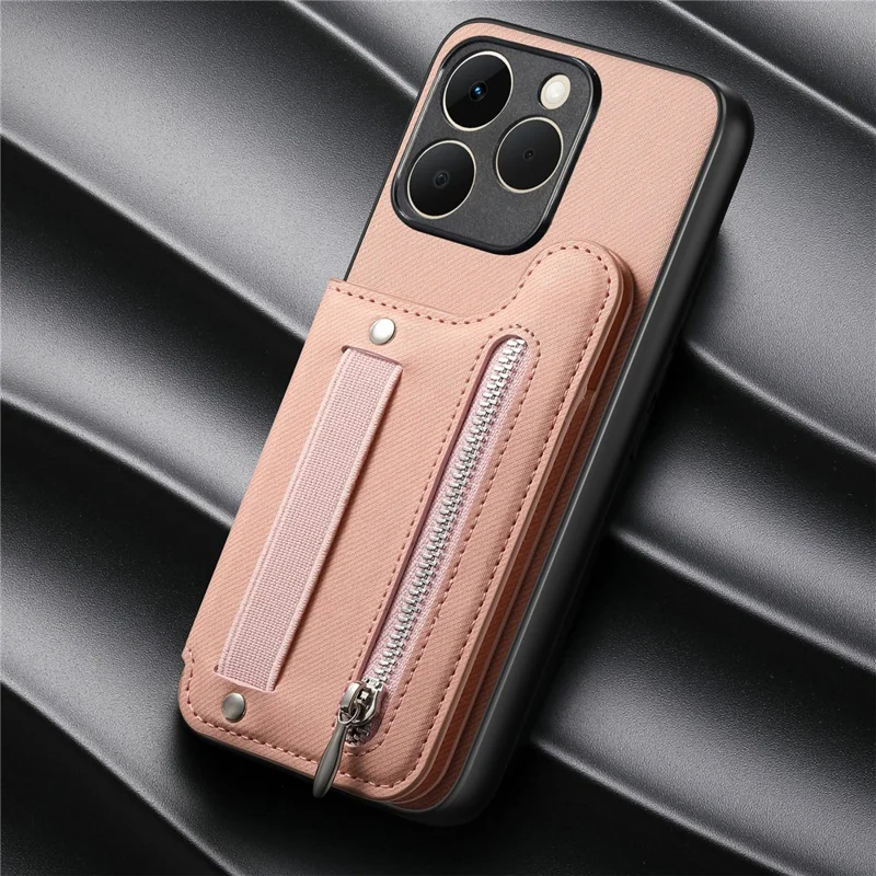 For Realme 15T 5G Case RFID Blocking Card Holder Jeans Cloth Texture Leather Back Cover with Elastic Wristband - Pink