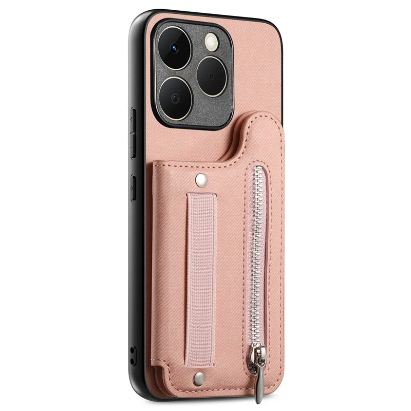 For Realme 15T 5G Case RFID Blocking Card Holder Jeans Cloth Texture Leather Back Cover with Elastic Wristband - Pink
