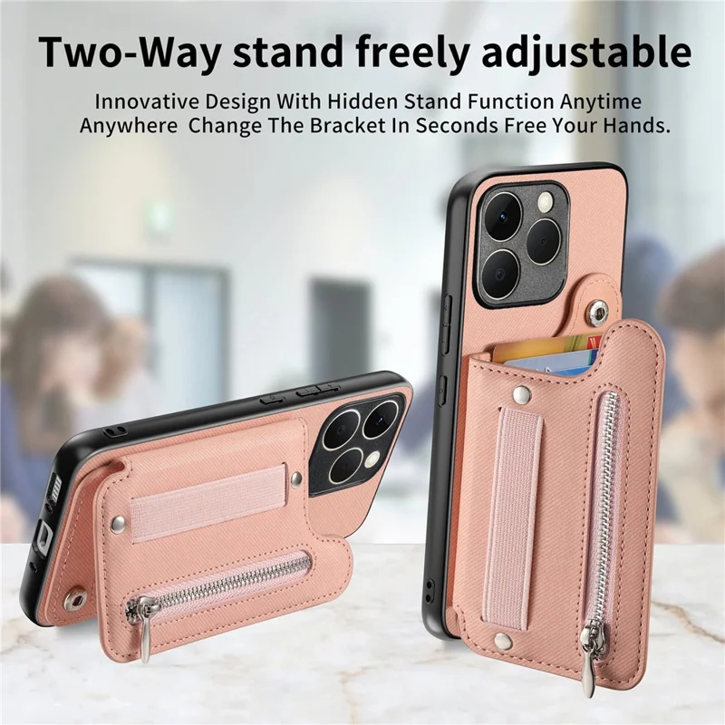 For Realme 15T 5G Case RFID Blocking Card Holder Jeans Cloth Texture Leather Back Cover with Elastic Wristband - Pink