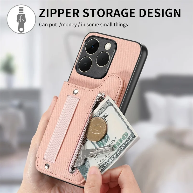 For Realme 15T 5G Case RFID Blocking Card Holder Jeans Cloth Texture Leather Back Cover with Elastic Wristband - Pink